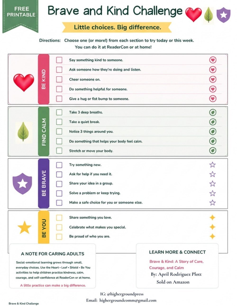 Brave & Kind Challenge free printable: Be Kind, Find Calm, Be Brave, Be You checklist